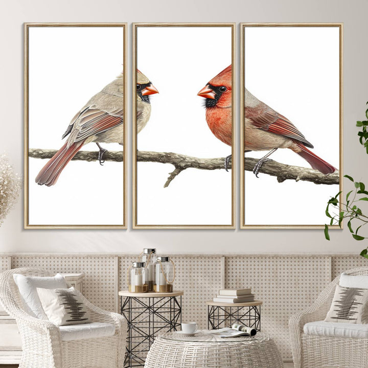 A Cardinal Canvas Wall Art print of cardinals on a branch hangs prominently.