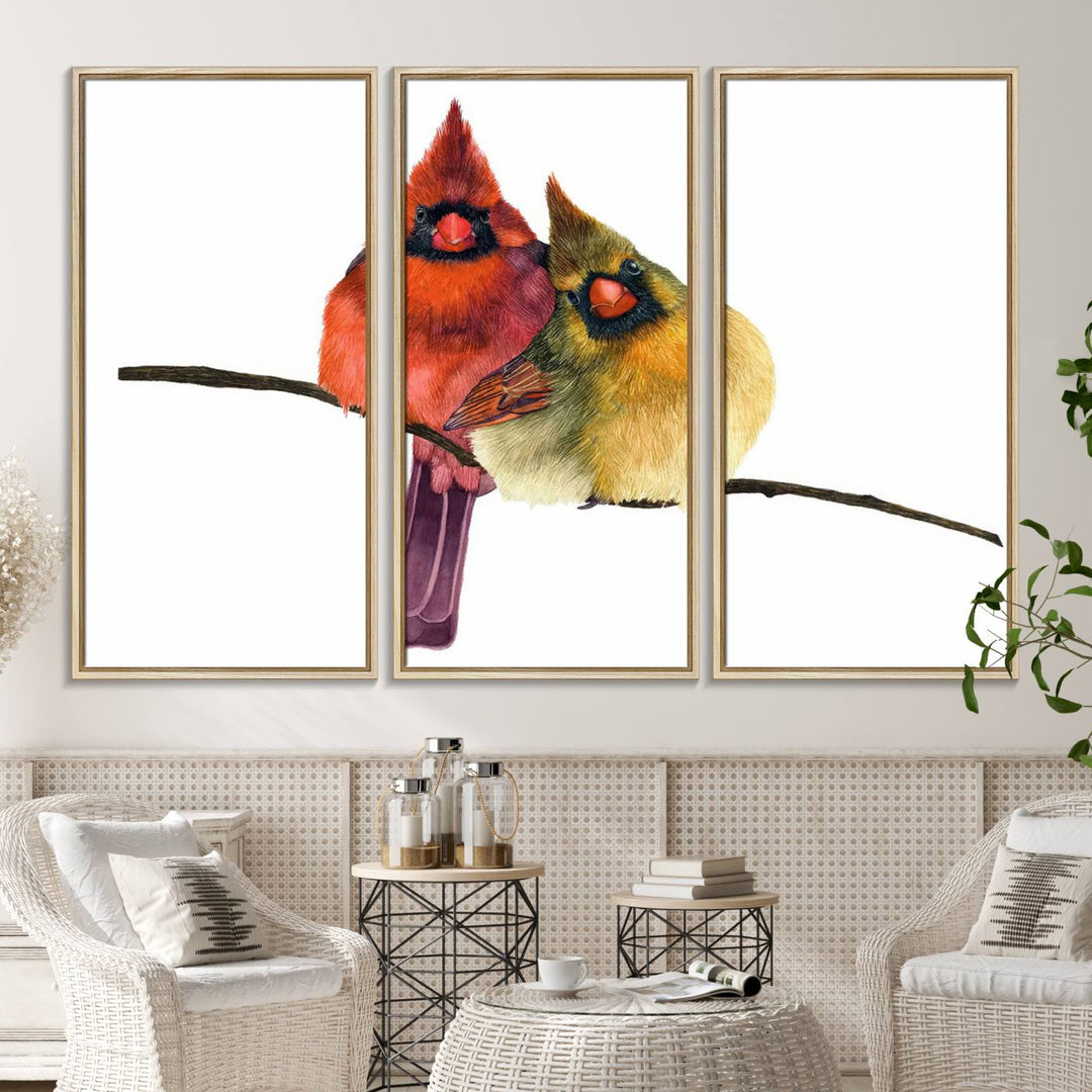 The Cardinal Bird Canvas Wall Art showcases vibrant male and female cardinals, capturing the beauty of nature in vivid detail.