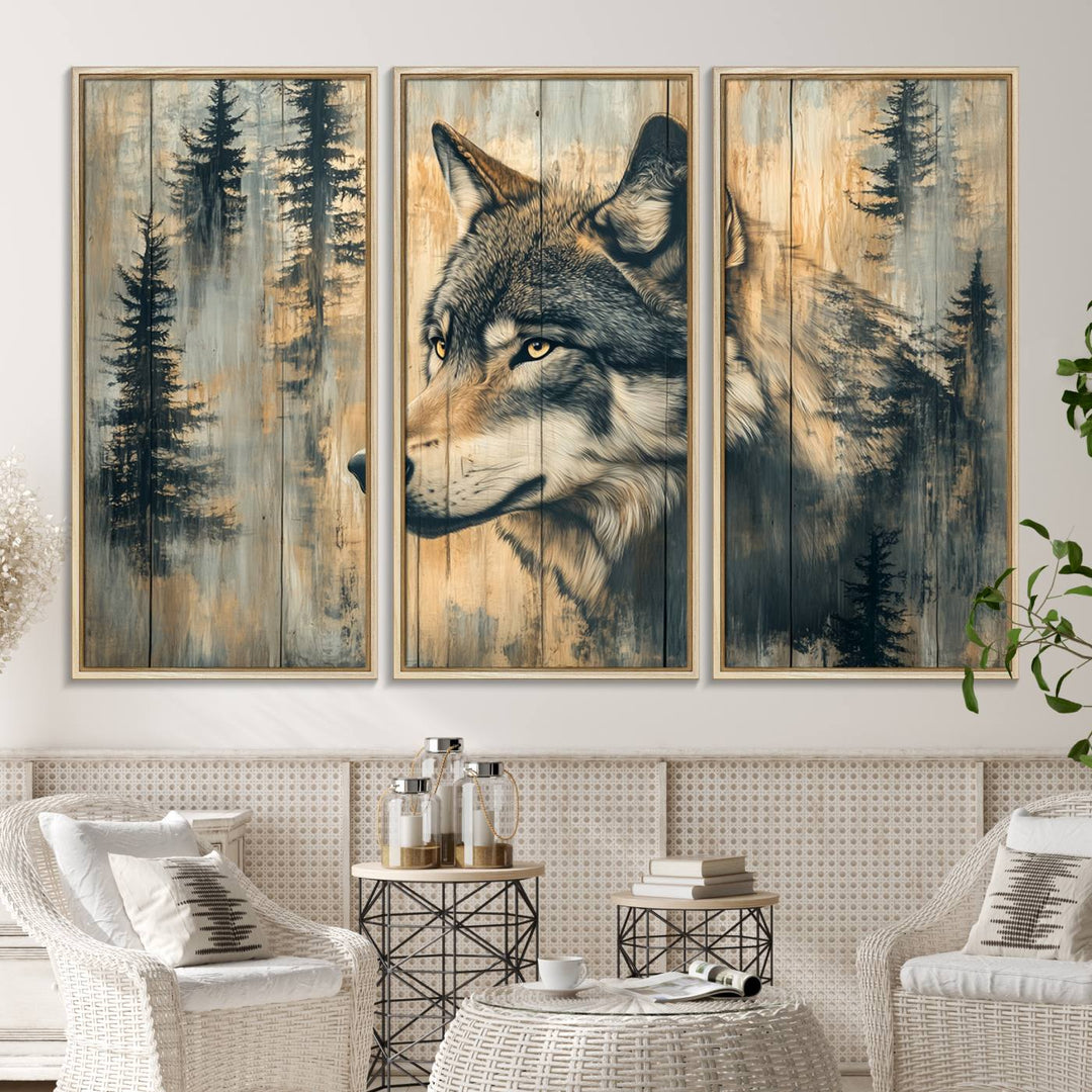 A Wood Style Rustic Wolf Wall Art Canvas Print adorns the kitchen.