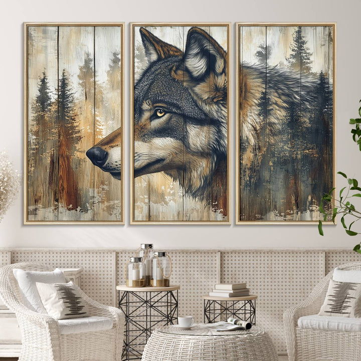 A kitchen dining area features Rustic Wolf Wall Art.