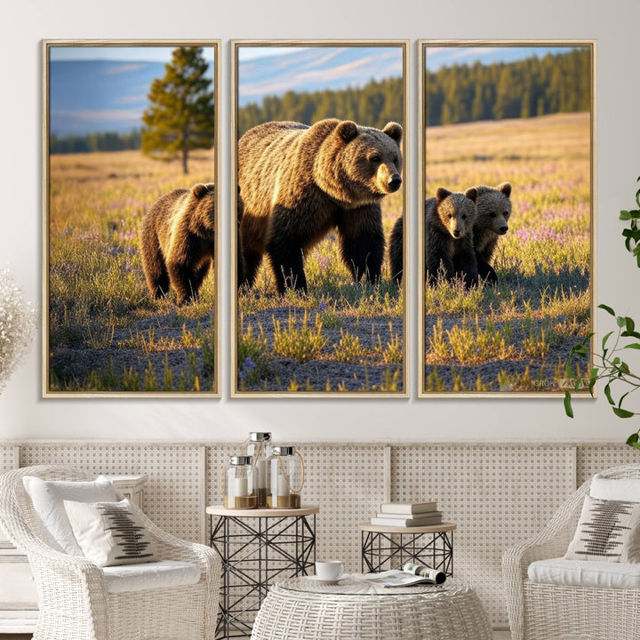 The Grizzly 399 in Wild Flowers wall art canvas print.