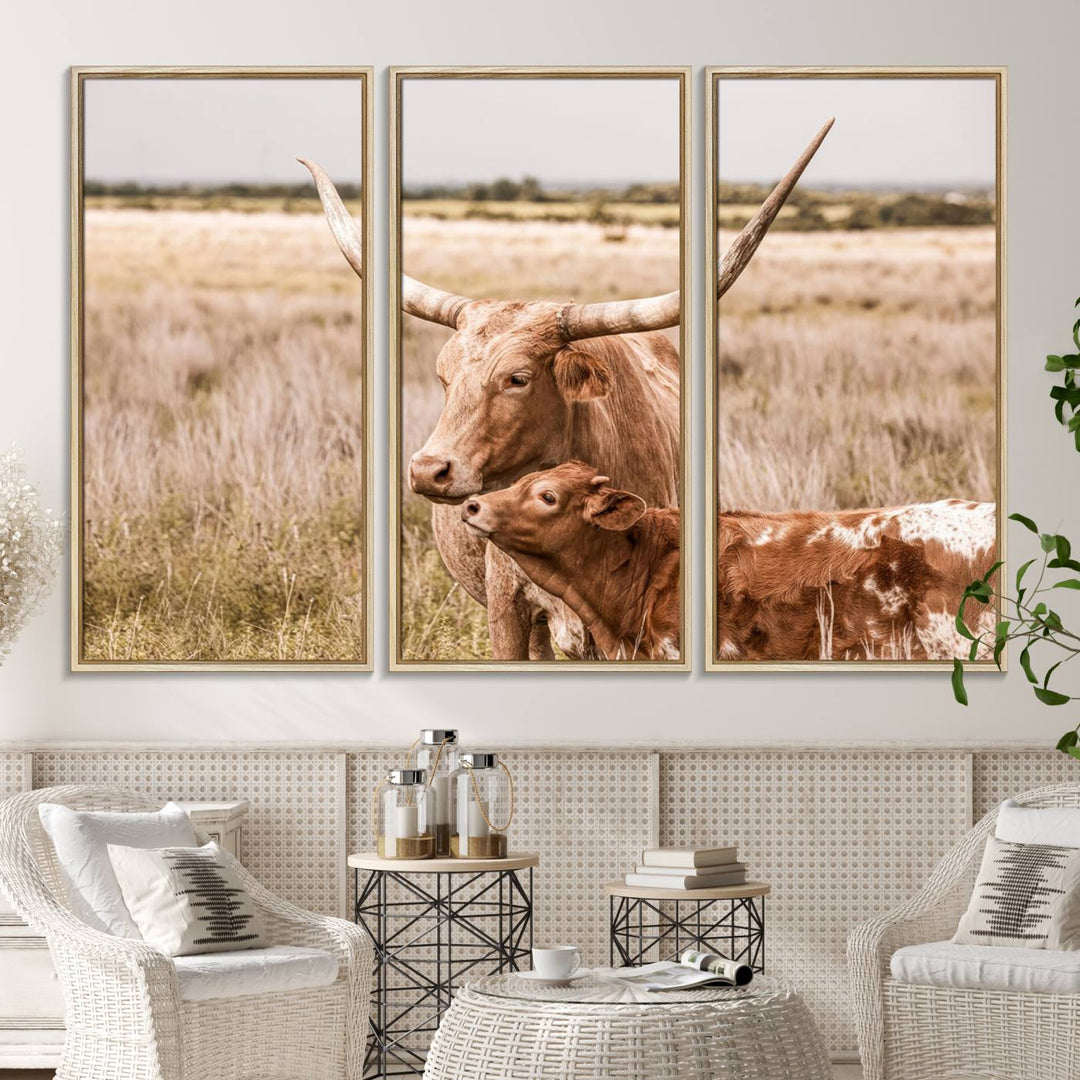 Dining area featuring a Texas Longhorn Cow Wall Art Canvas Print.