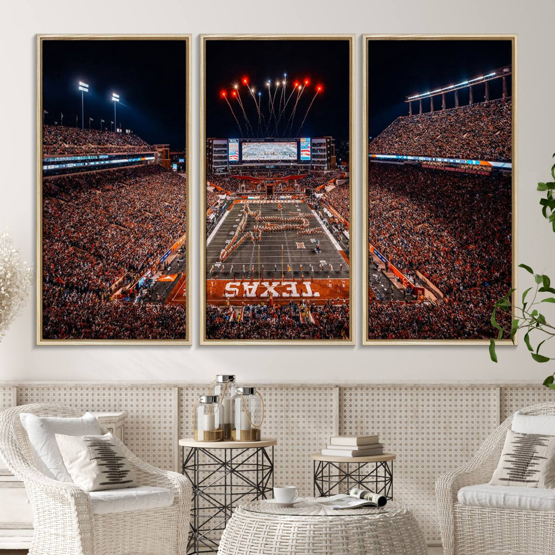 A Texas Memorial Stadium canvas print with fireworks embellishes the modern living room.