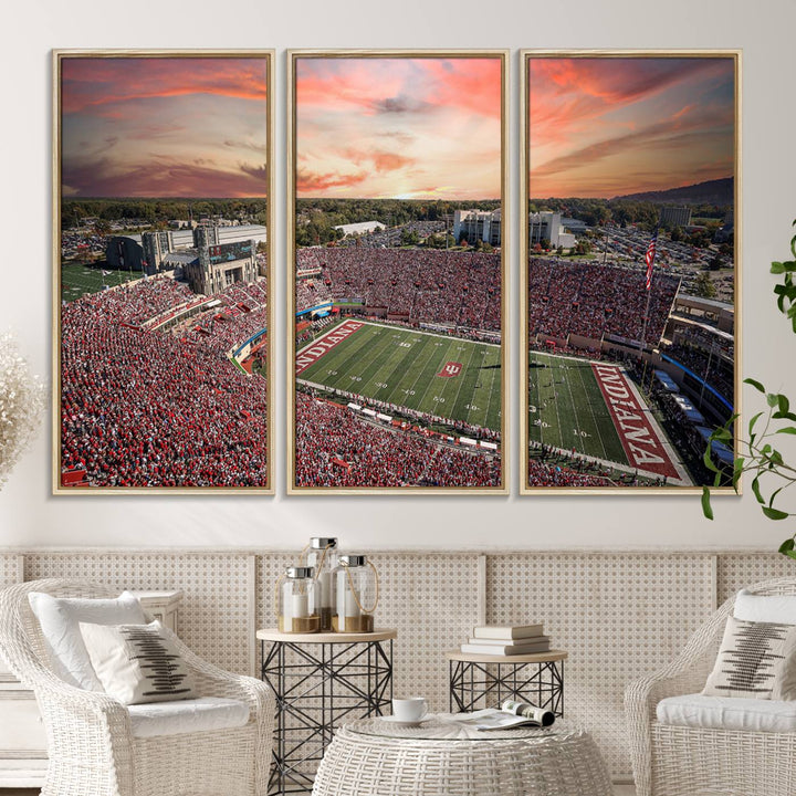 Gallery-quality Indiana Memorial Stadium Wall Art Canvas: A stunning view of the stadium at sunset.