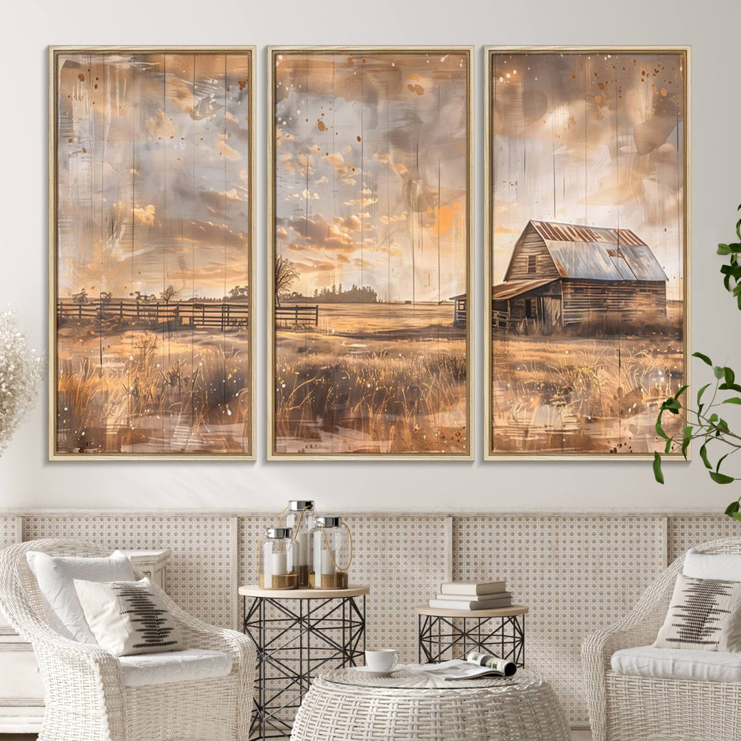 Rustic Farmhouse Wall Art Canvas depicting a barn under a cloudy sky.