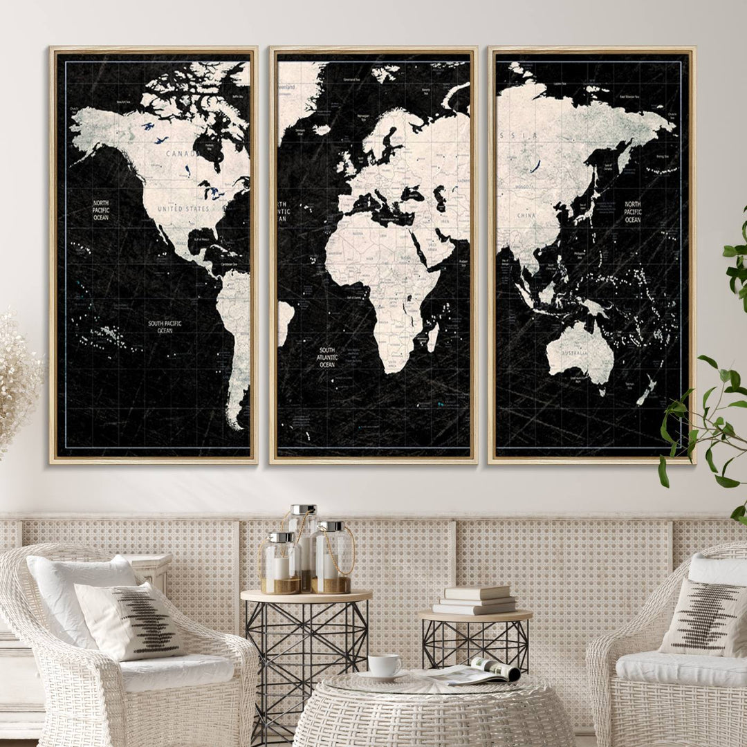 The Black & White World Map Canvas Wall Art, a giclee print, elegantly decorates the wall.