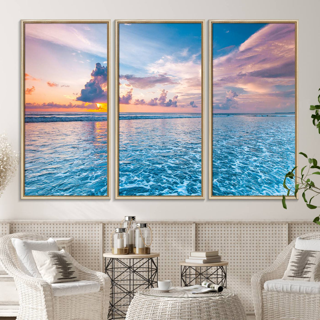 An Ocean Sunset Canvas Wall Art depicting a vibrant sky and rolling waves.