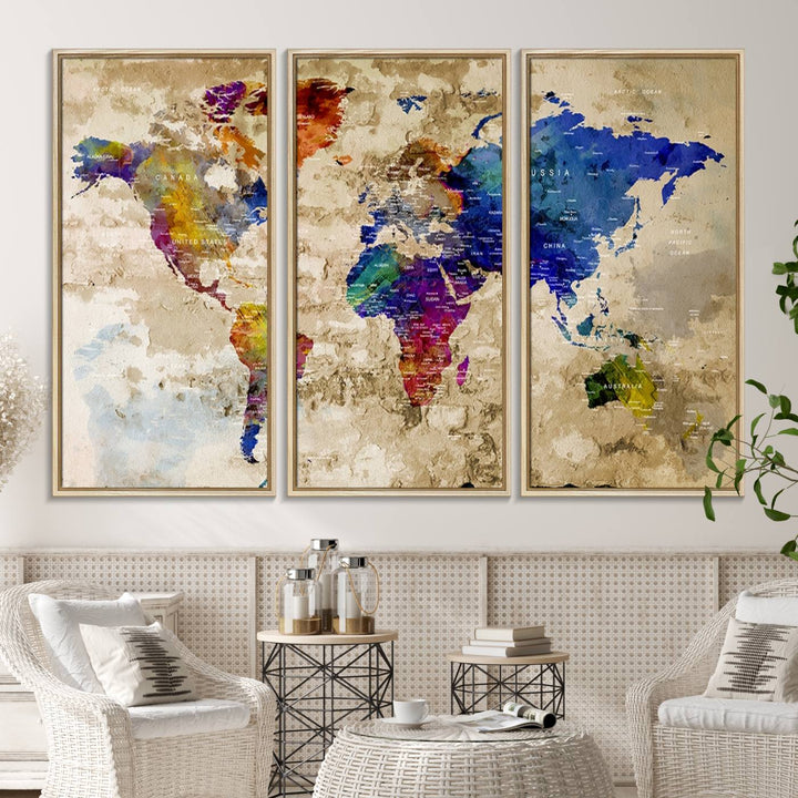 Watercolor World Map Canvas Print with gallery-wrapped edges.