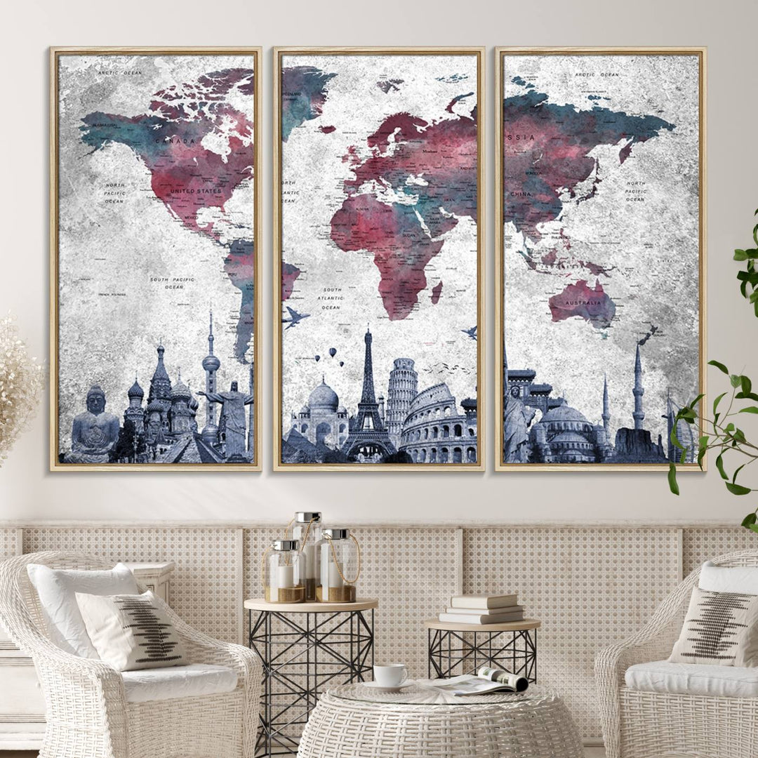 The dining room features a Blue Multipanel World Map Wall Art Canvas Print that adorns the wall, highlighting its neutral decor.