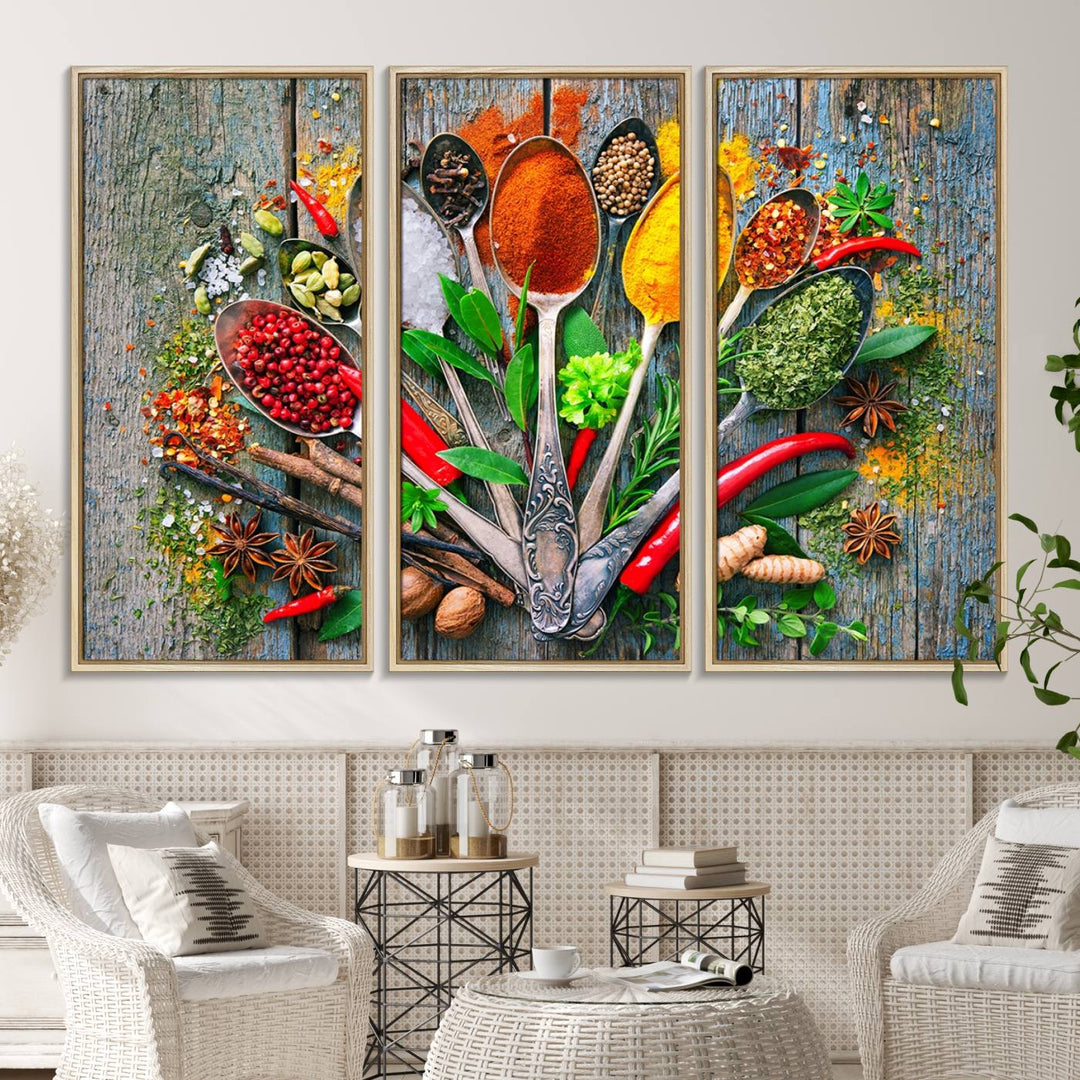 Vibrant Spoonful of Spices kitchen wall art canvas, a culinary triptych ideal for any dining room decor.