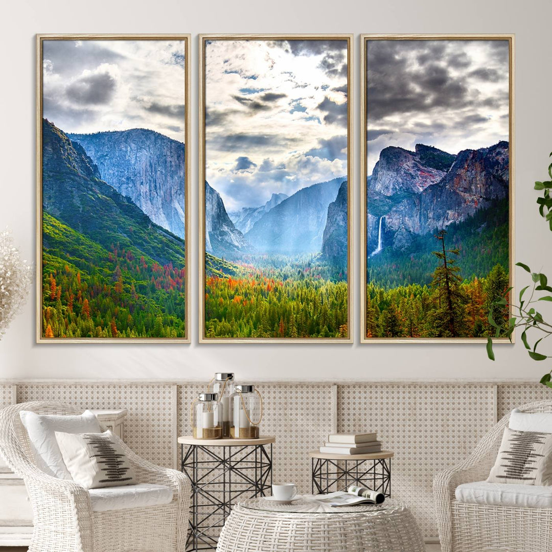 The Yosemite Park Half Dome 3 Panel Canvas Print beautifully captures the enchanting beauty of national parks with its vibrant mountain and forest scene. This large giclée landscape wall art is perfect for living rooms, offices, or bedrooms and comes ready to hang.