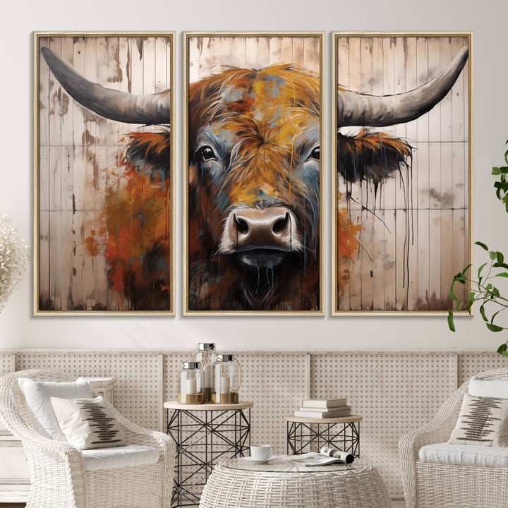 Scottish Highland Cow Cattle Art Print on Wood Style Background