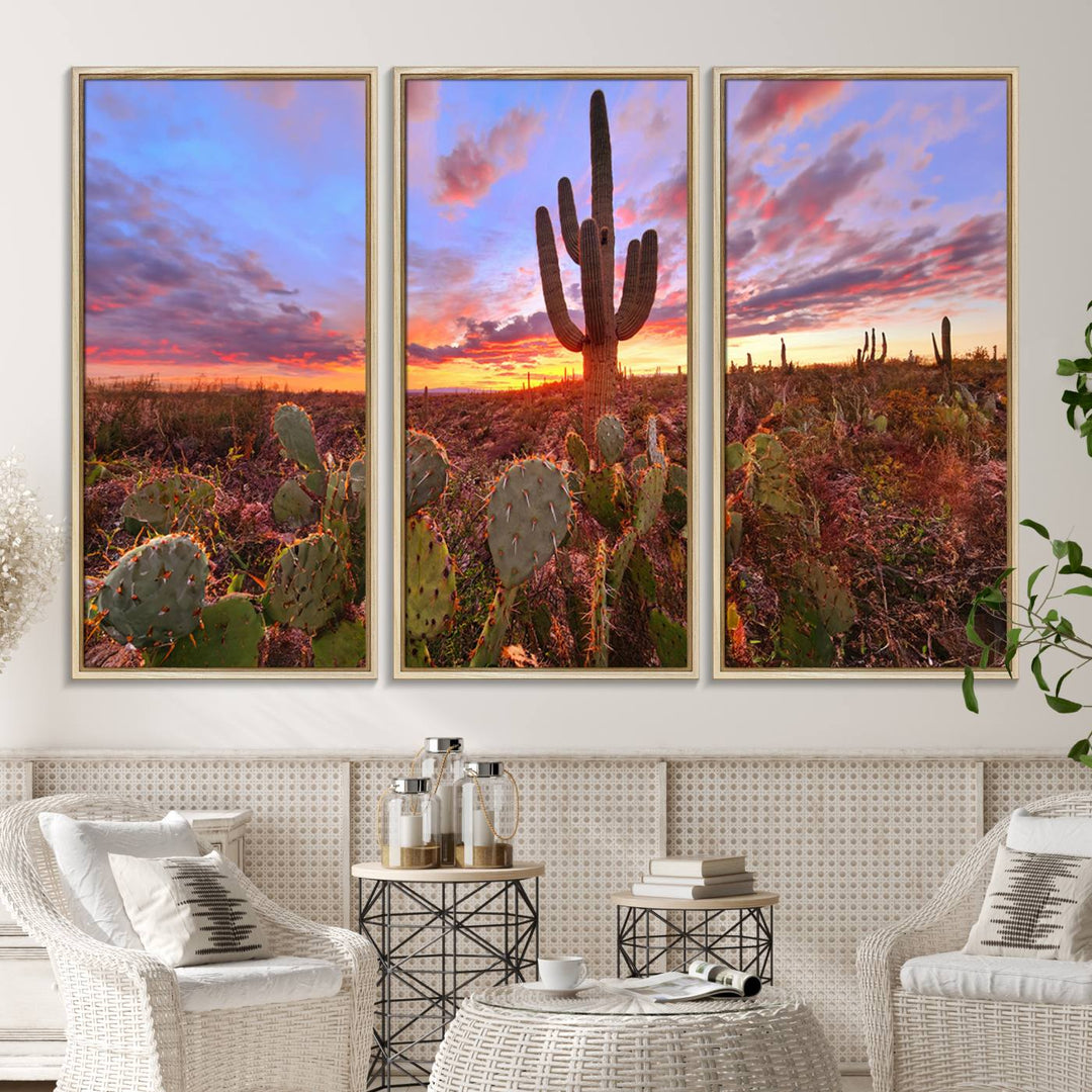 The Arizona Desert Sunset Wall Art Canvas Print featuring cacti is displayed.