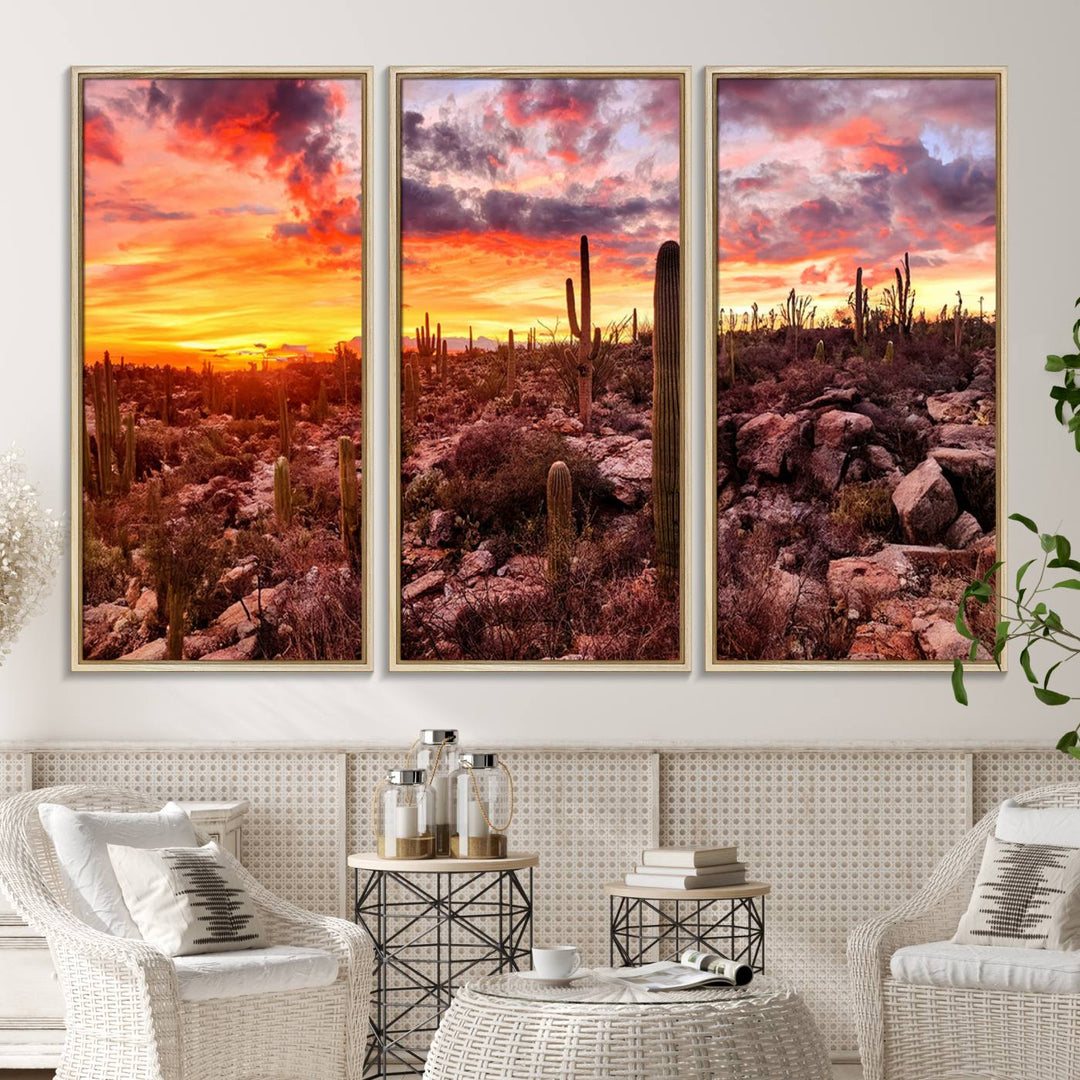 A vibrant desert sunset with cacti, perfect Western Cowboy Wall Art Print.