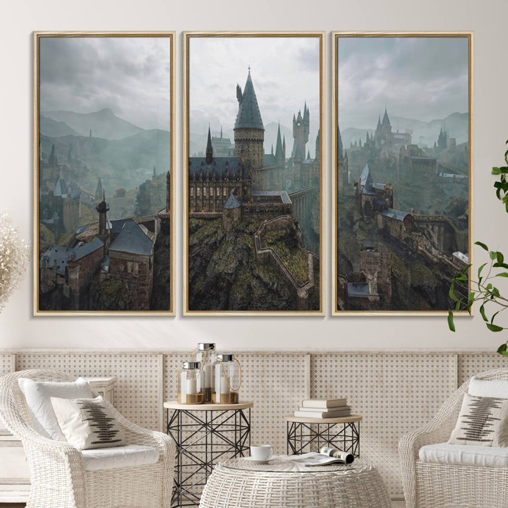 A foggy hillside Disney castle wall art with turrets.