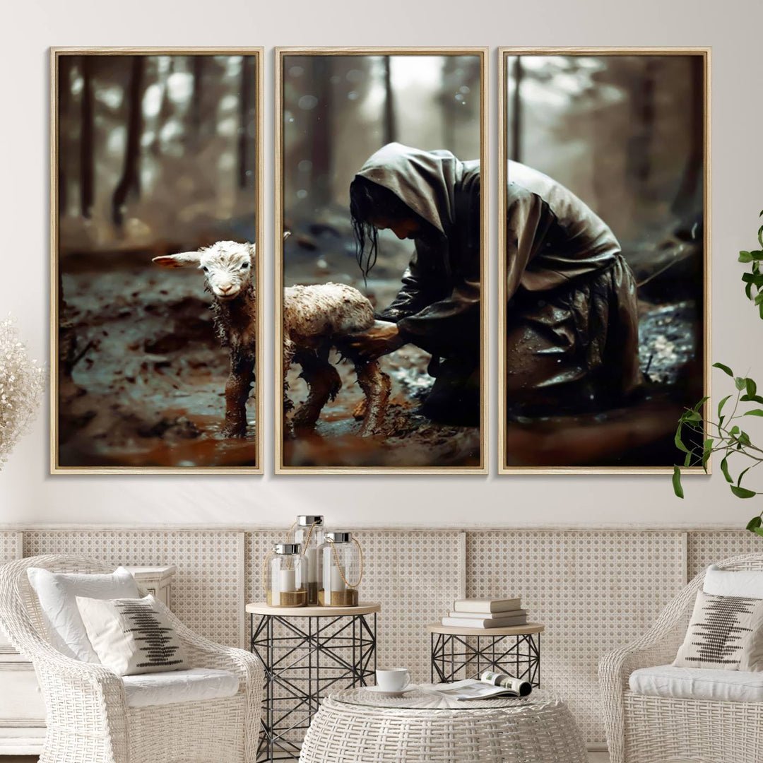 Jesus Lost Lamb Wall Art: A cloaked figure tends a lamb in a muddy forest.