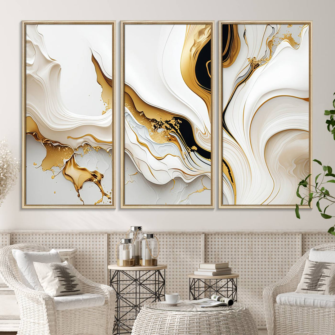 Modern interiors showcase Gold Waves on Pure White Canvas.