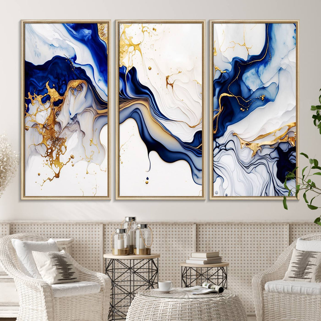 Golden Cascades on Midnight Blue wall art swirls above, featuring gold and white accents.