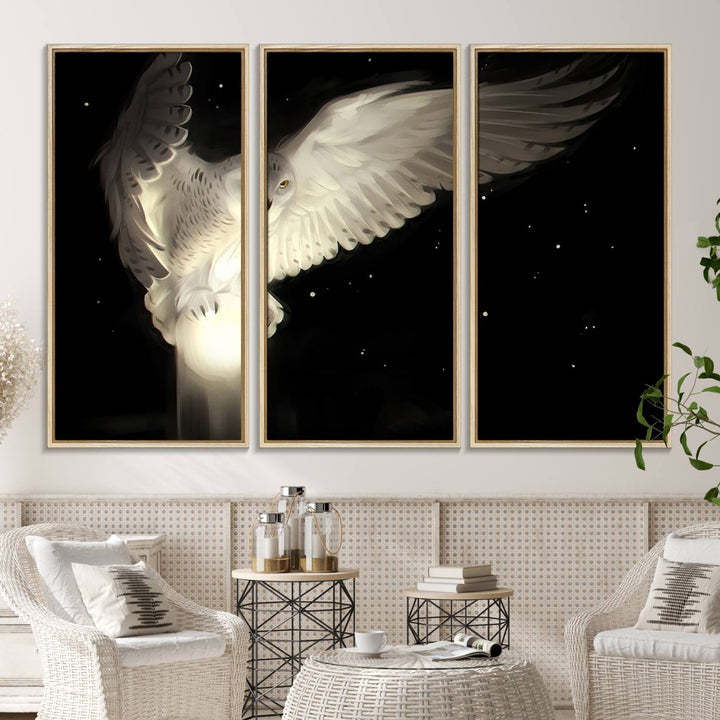 The Night Owl Art graces the wall with its depiction of a snowy owl on a glowing orb, perfect for modern decor.