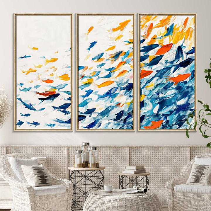 A colorful Abstract Fish Shoal Canvas Print hangs on the wall.