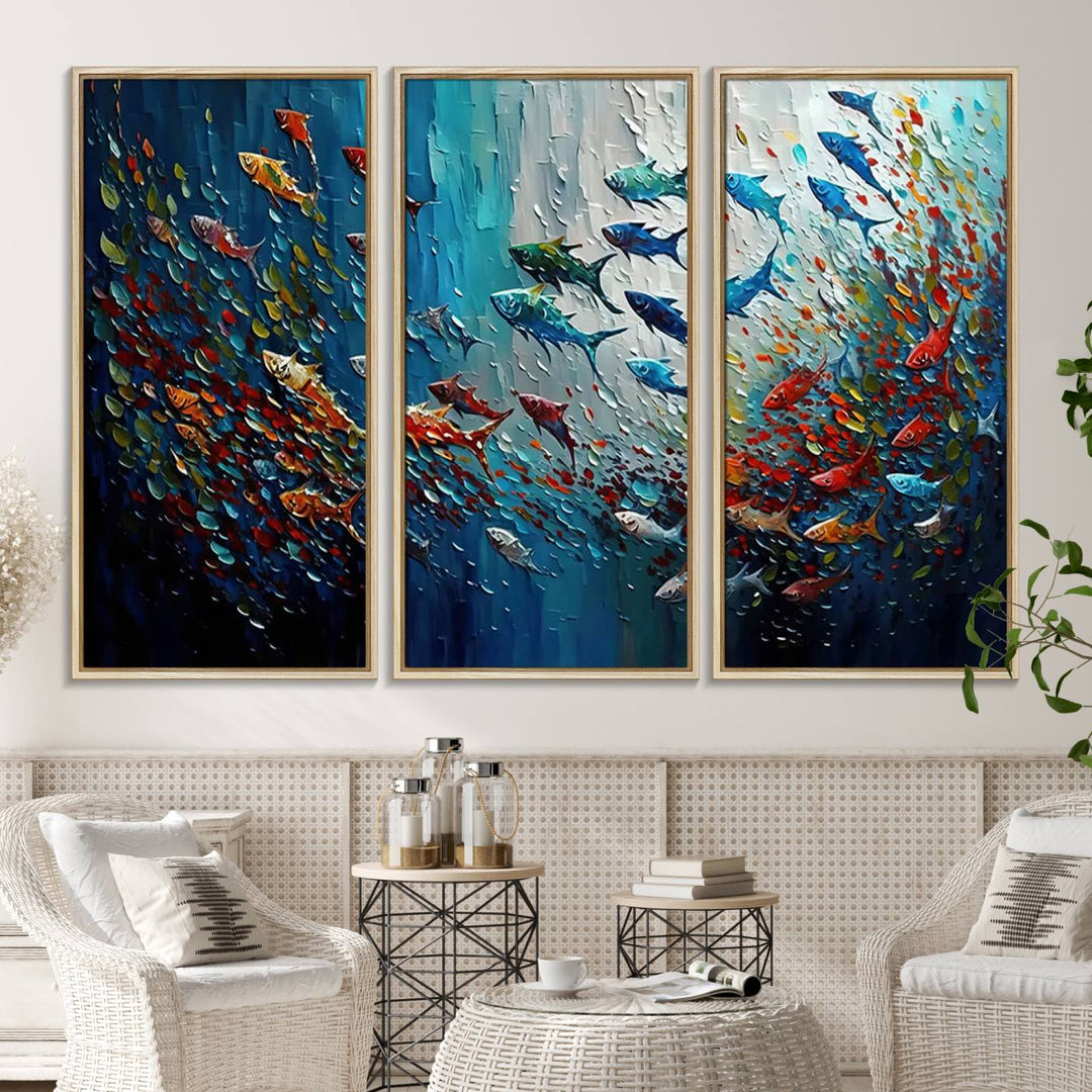 Modern Abstract Fish Shoal Wall Art features blue, red, and orange fish.