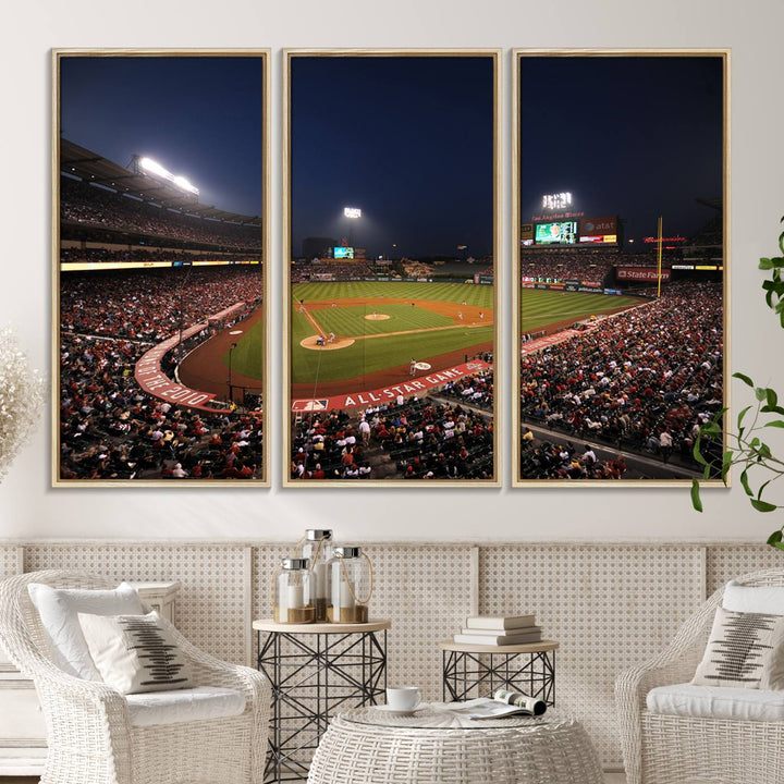 Aerial view of an LA Angels game at night, captured as stunning wall art on premium canvas, handmade in the USA.