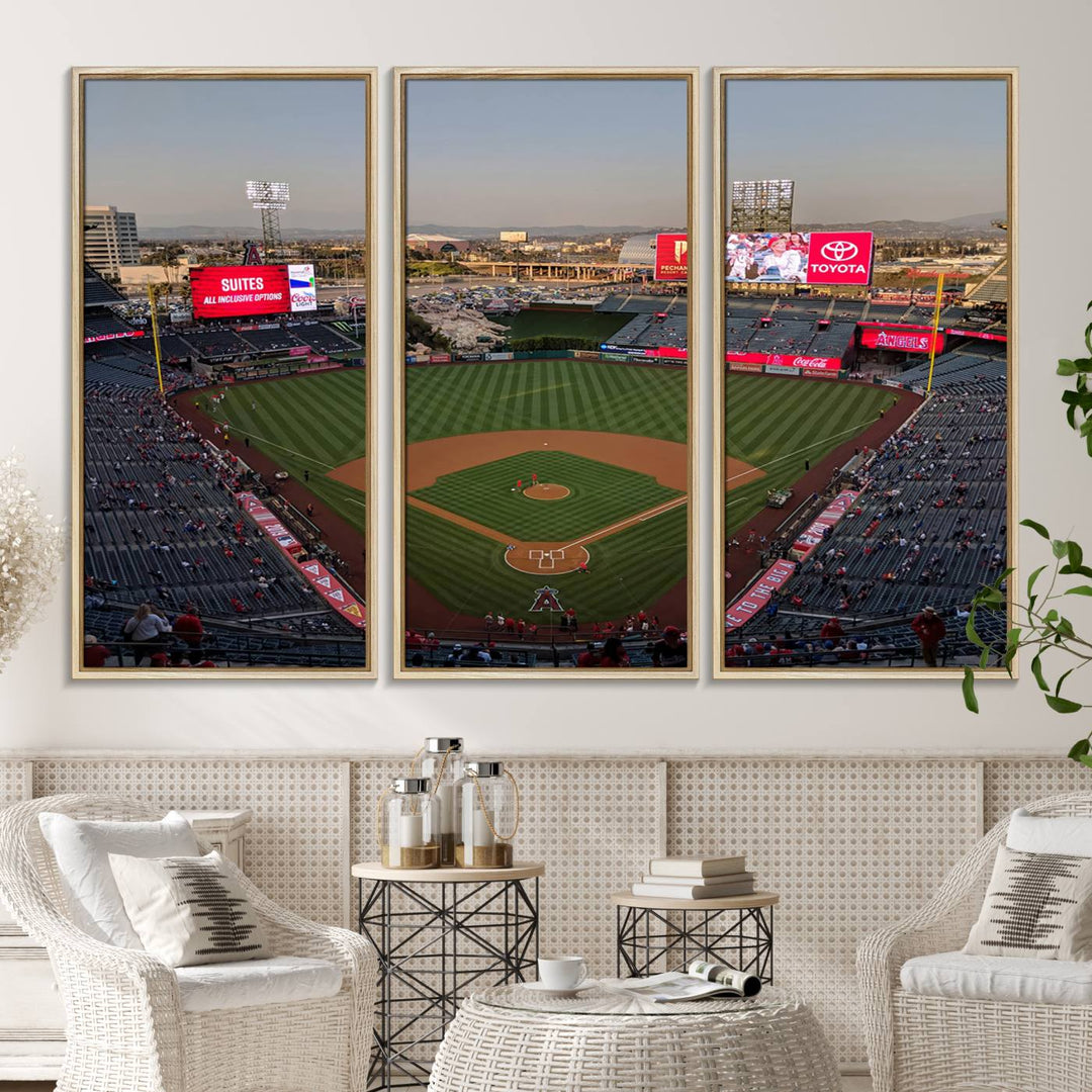 Aerial view of Angel Stadium, perfect as gallery-quality wall art - Los Angeles Angels Canvas Print.