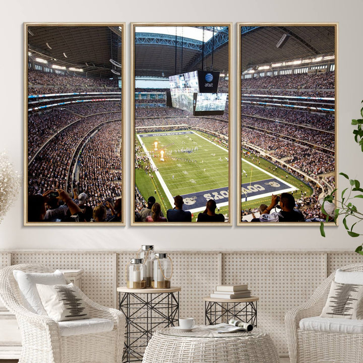 The wall art is a Dallas Cowboys AT&T Stadium Canvas Print, showcasing the iconic logo.