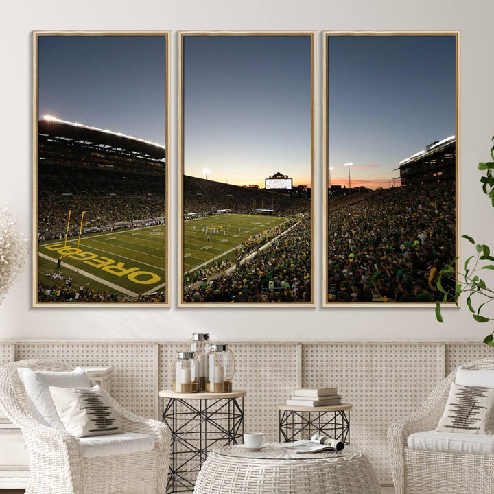 Canvas artwork depicting an Oregon Ducks football game at Autzen Stadium, capturing a sunset and packed stands.