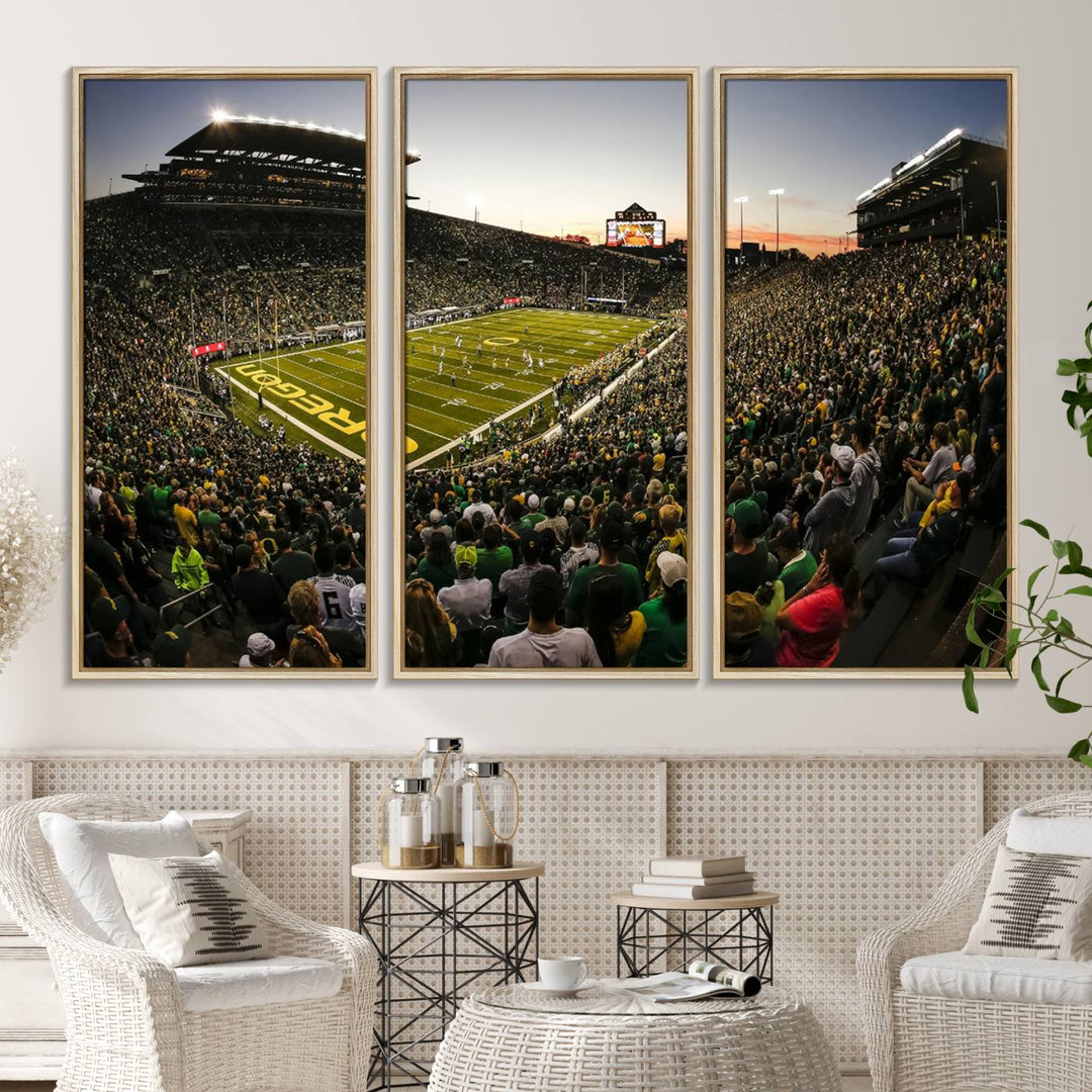 The Oregon Stadium Canvas Wall Art features a depiction of a packed Autzen Stadium with OREGON prominently displayed on the field.