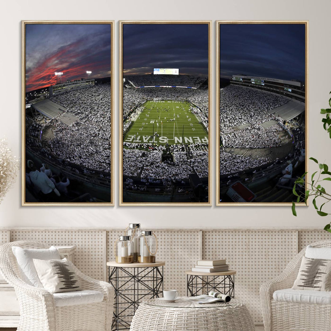 Canvas art capturing the packed Beaver Stadium at dusk, with Penn State emblazoned on the field and a sea of white-clad fans—true perfection.