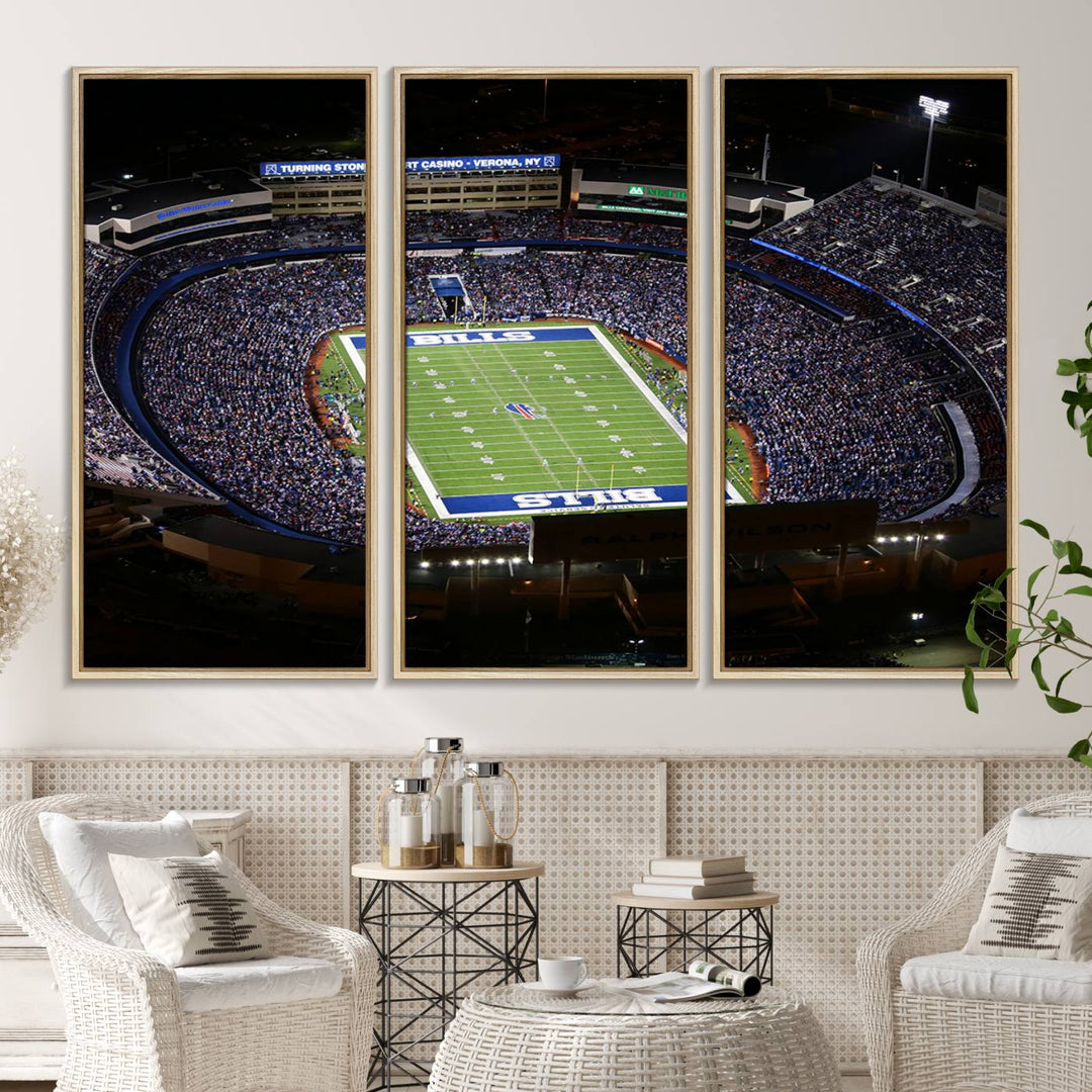 Aerial view of football stadium at night, featuring Buffalo Bills Highmark Stadium Wall Art.