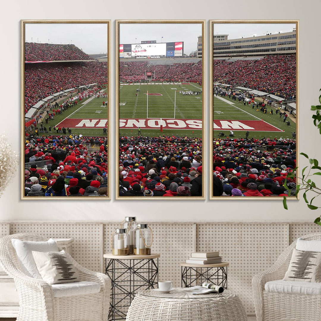 The wall art depicts WISCONSIN in red and white, similar to Wisconsin Badgers Football Canvas Art.