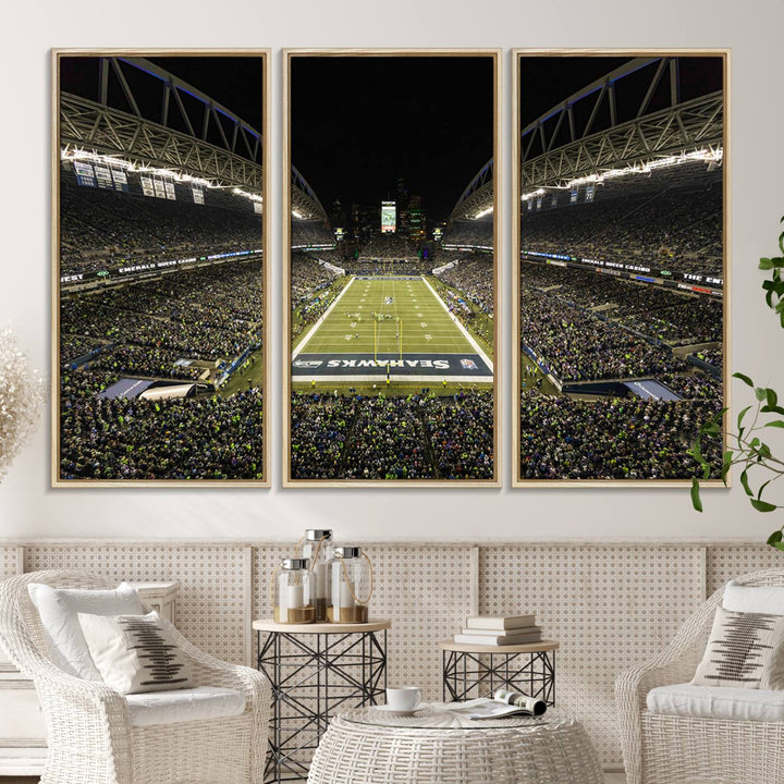 Handmade Seattle Seahawks Stadium Canvas Wall Art Print featuring an aerial view of Night football at CenturyLink Field marked Seahawks.