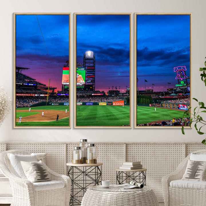 The Phillies canvas print captures a stunning sunset, vibrant signage, and players on the field.