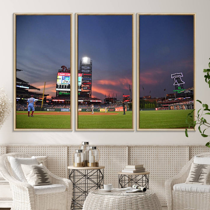 Philadelphia Phillies at sunset: Citizens Bank Park captured in a charming canvas wall art print.