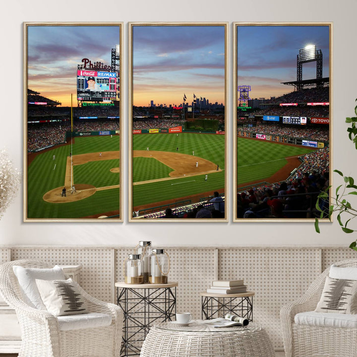 A sunset game at Citizens Bank Park depicted on a 3-panel Phillies canvas.