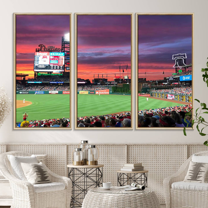 The Philadelphia Phillies canvas print showcases Citizens Bank Park at sunset with a crowd and scoreboard.