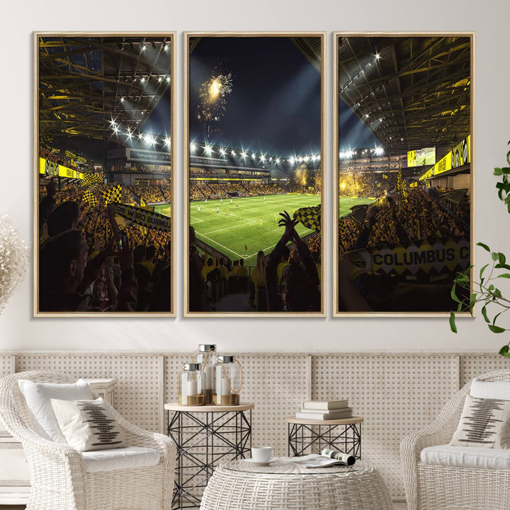 The wall art canvas print captures a packed soccer stadium scene with fans and fireworks.