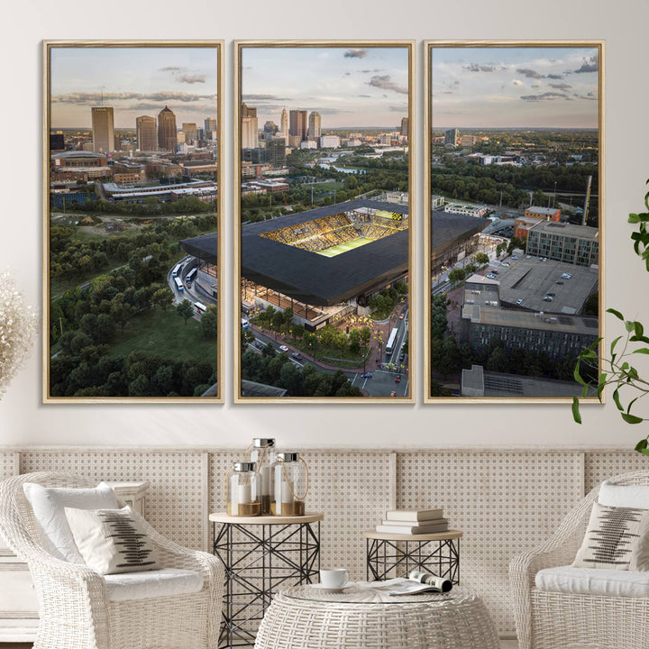 The Columbus Crew Soccer Stadium canvas art adds a vibrant touch to the room.