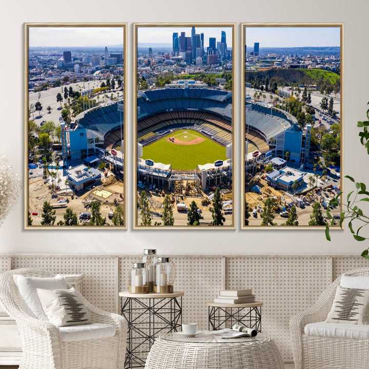 Aerial view of Dodger Stadium city skyline on a premium Los Angeles Dodgers MLB canvas print.