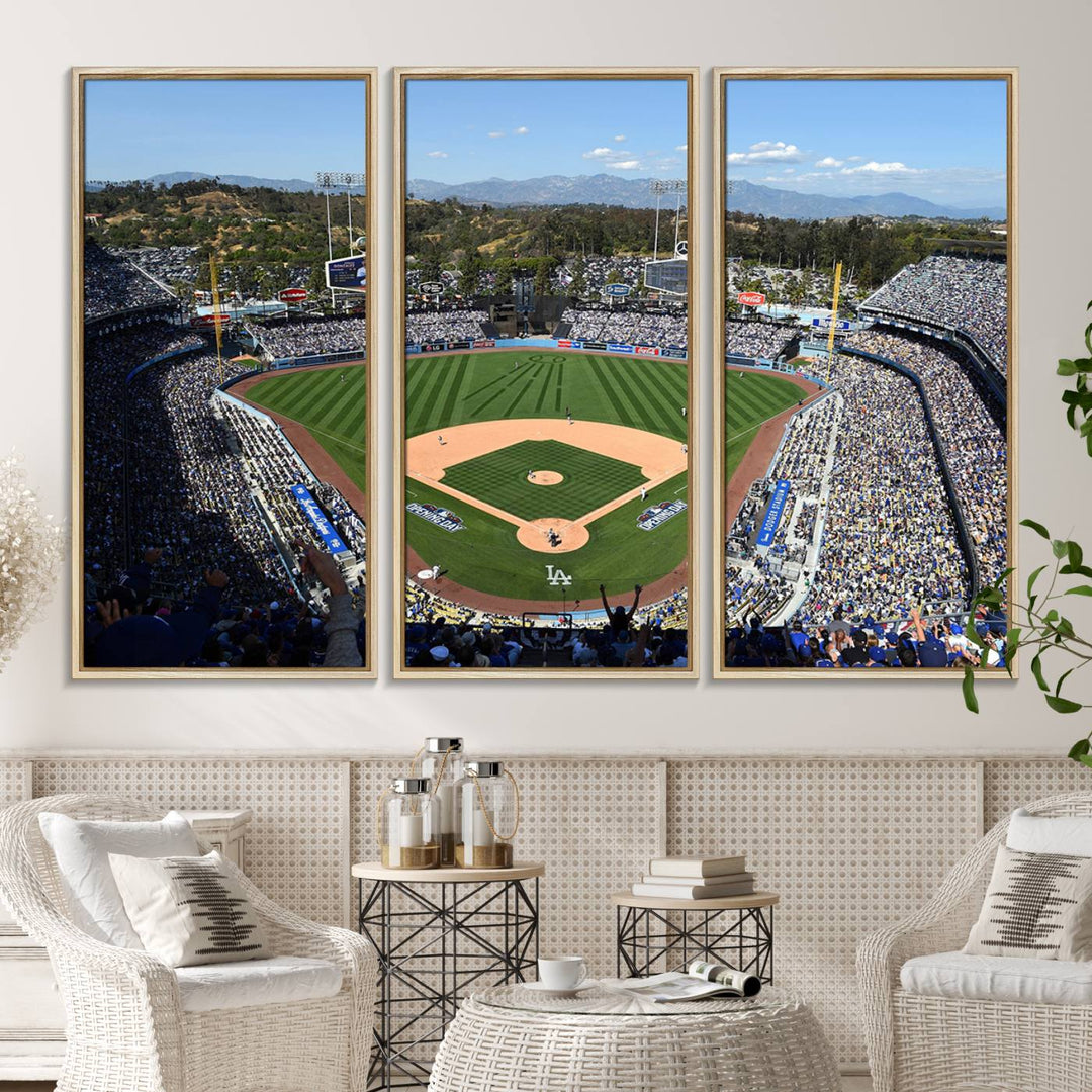 Aerial view of Dodger Stadium captured in gallery-quality on a Dodgers wall art canvas.