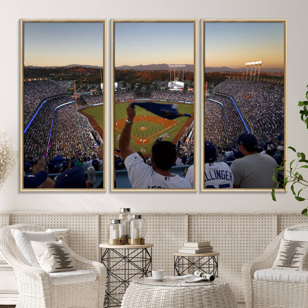 A triple canvas wall art captures the scene at Dodger Stadium, with fans cheering as the sun sets and a flag waving on the field.