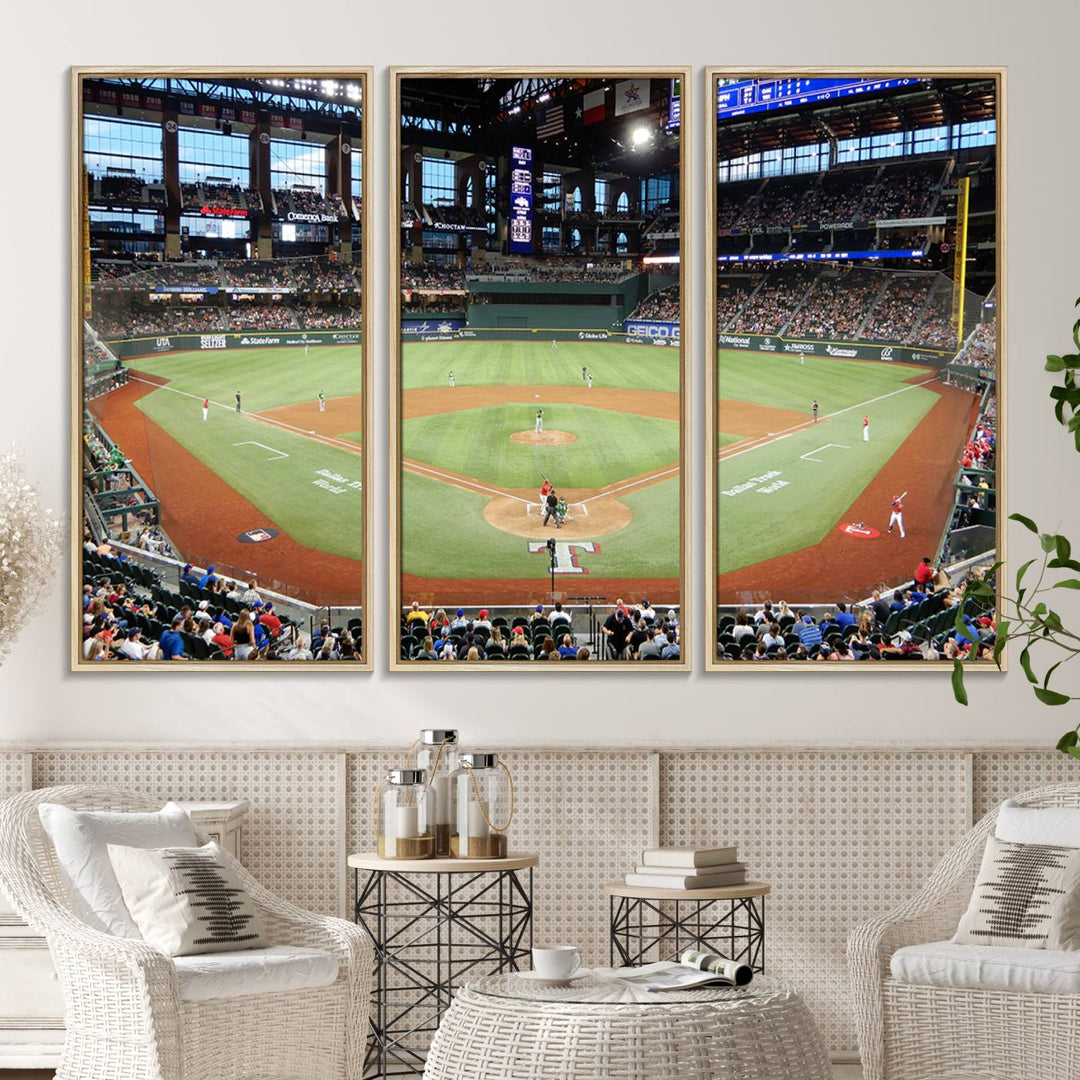 Admire the Texas Rangers Wall Art showcasing Globe Life Fields covered stadium and its lively crowd.