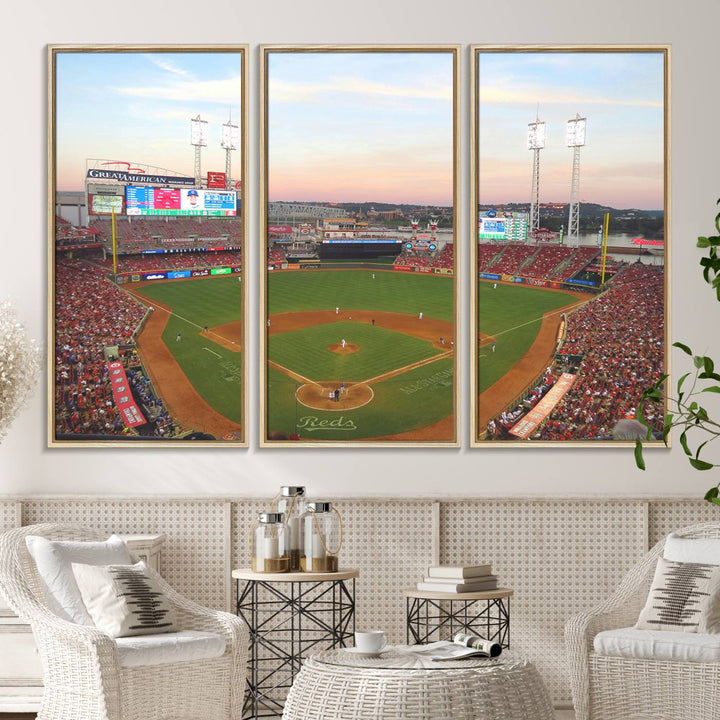 Cincinnati Reds game at sunset: Stadium wall art canvas.