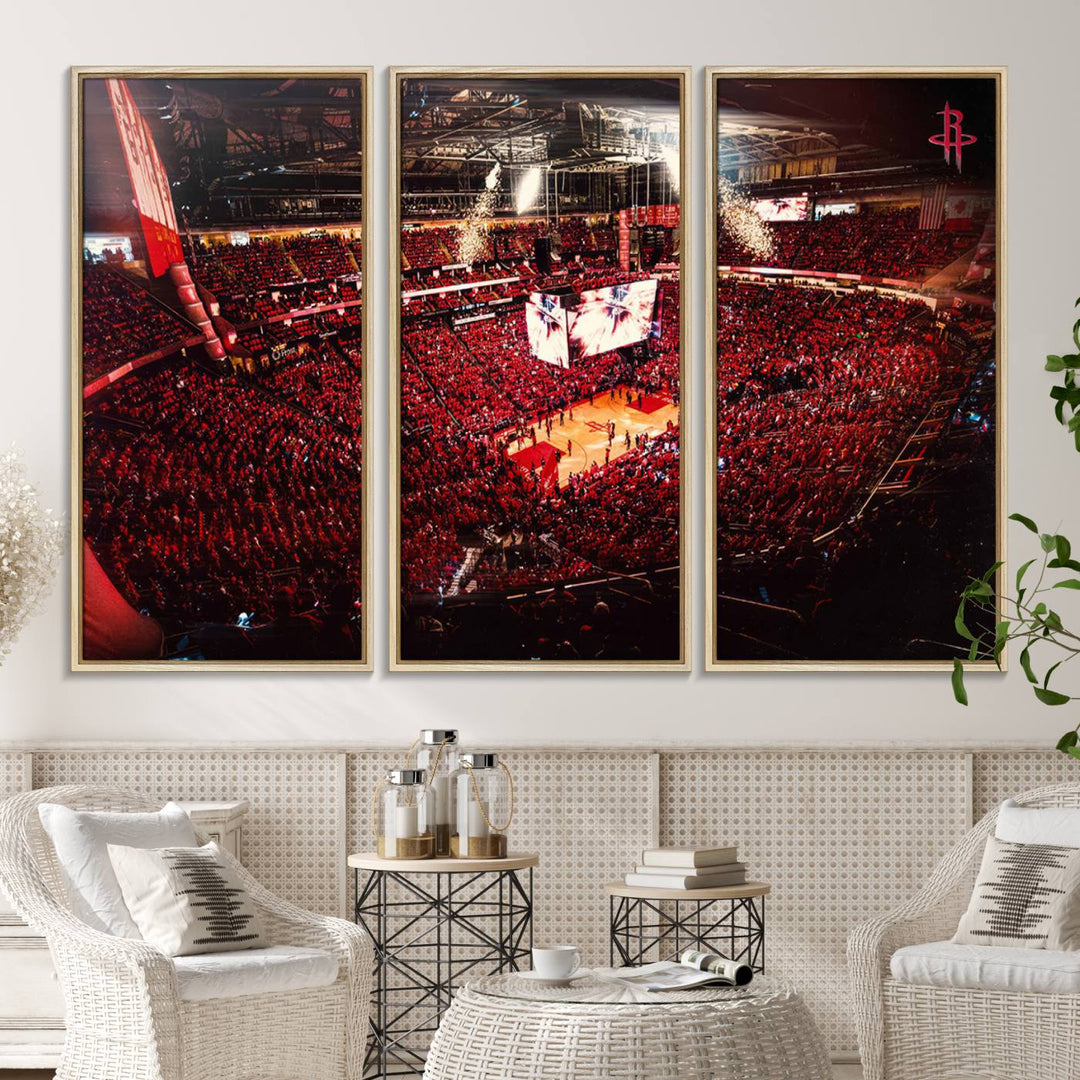 A crowded basketball arena with red lighting hosts a Houston Rockets game.