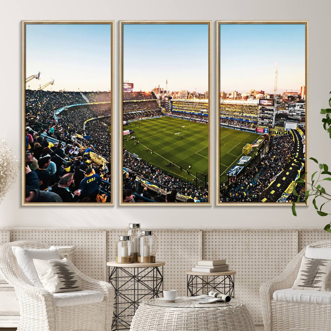 The wall art canvas print vividly captures the dynamic soccer culture at Bombonera Stadium with its vibrant depiction.