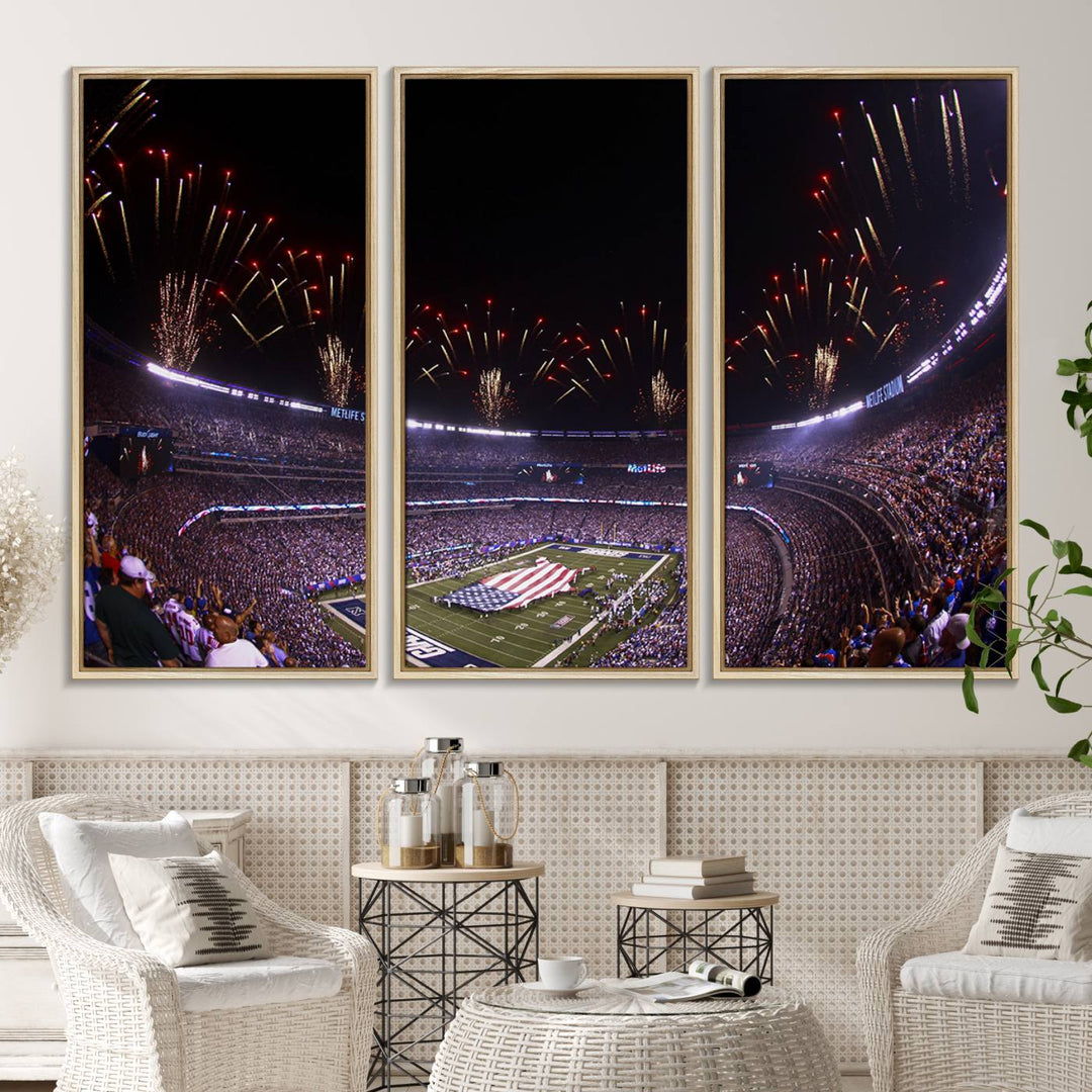 A vibrant wall art piece in MetLife Stadium features a stunning American flag design, capturing the spirited atmosphere of game day.