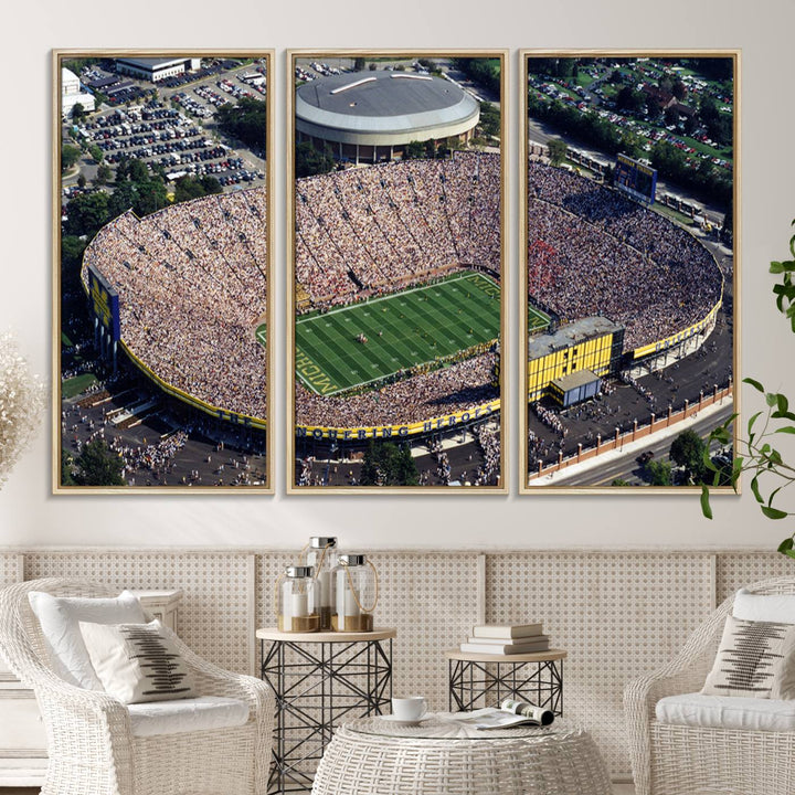 Aerial view of Michigan Wolverines college football culture on a stadium canvas wall art.