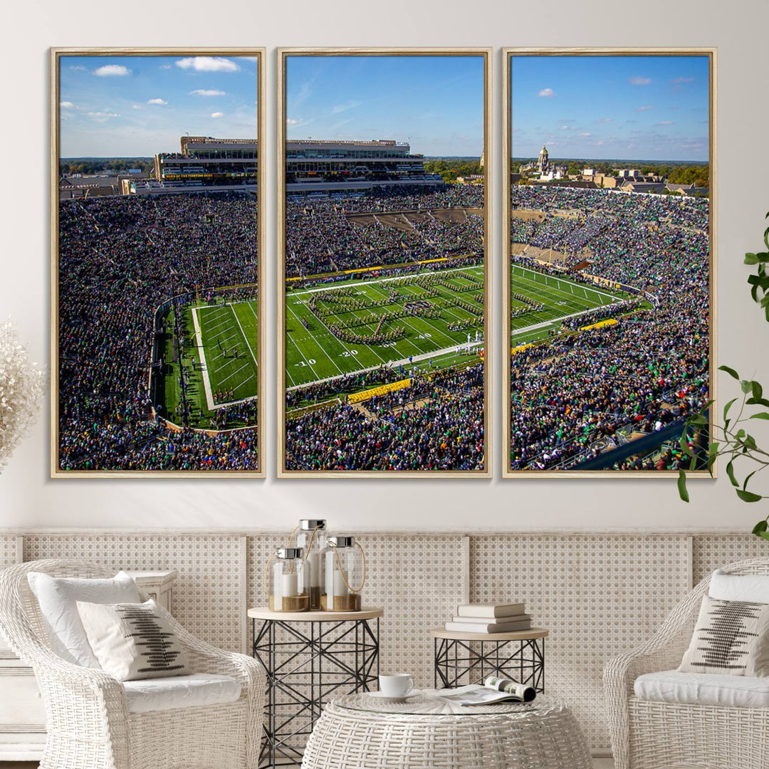 Aerial shot of packed stadium on green; Notre Dame Fighting Irish Stadium Wall Art Canvas Print.